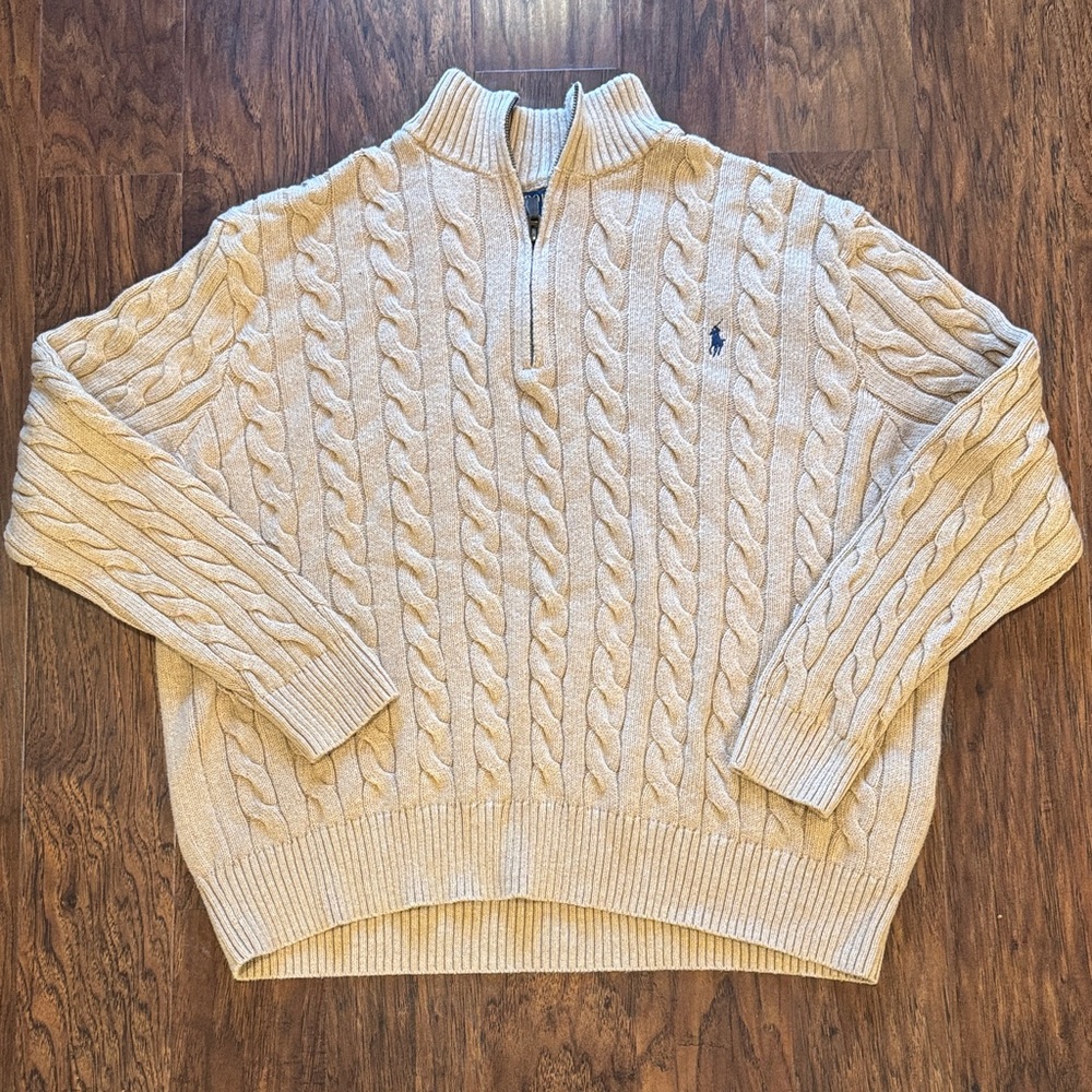 Polo by Ralph Lauren Men’s Cream Cable-Knit Zip-Up Sweater